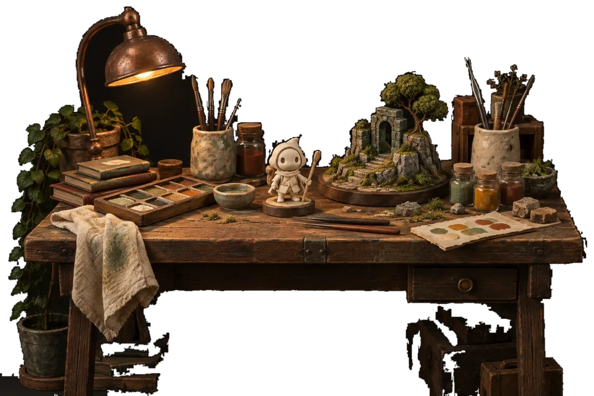 A crafted artist workbench with pigment swatches, a miniature terrain piece and a tiny cream game character awaiting finishing touches.