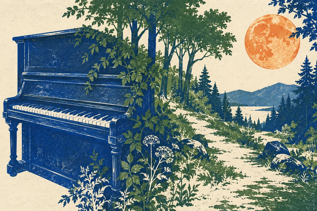 Expressive 2D screen print album-art illustration of a cobalt blue upright piano merging into a green forest path, one orange moon.