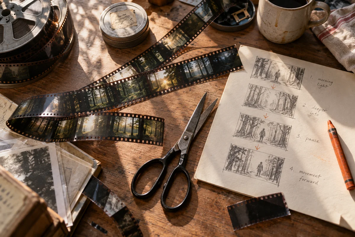An editorial film photograph, overhead view of an actual film editor's workbench: film strips with abstract forest frames, scissors, a handwritten storyboard on warm white paper and an orange grease pencil.