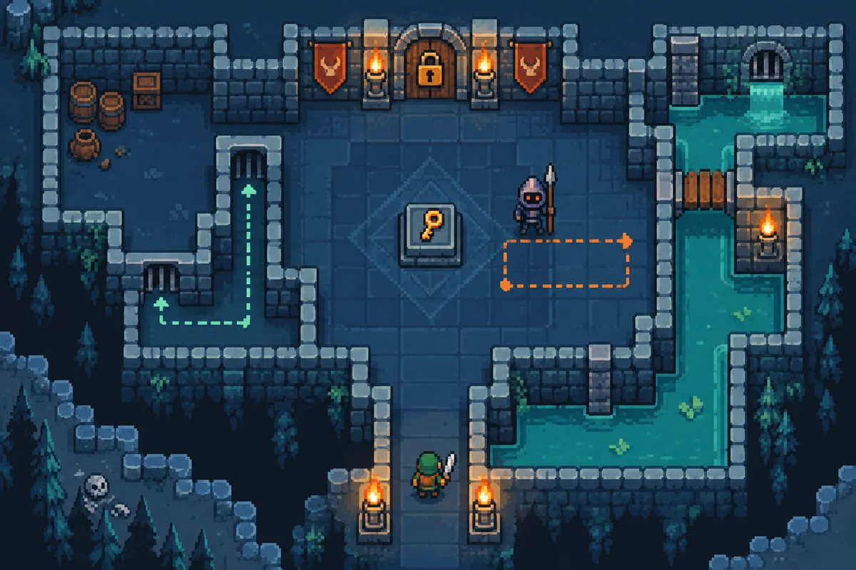 Top-down crisp pixel art dungeon design study on a deep desaturated blue ground: one small adventurer entering a readable room with walls, a key, a locked door, one patrolling enemy and a short alternative route.