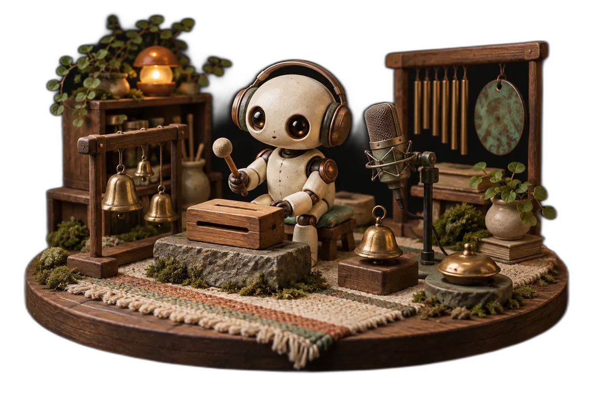 A miniature sound studio with tiny brass bells, a wooden impact block, a cream robot and a microphone, playful tactile objects.