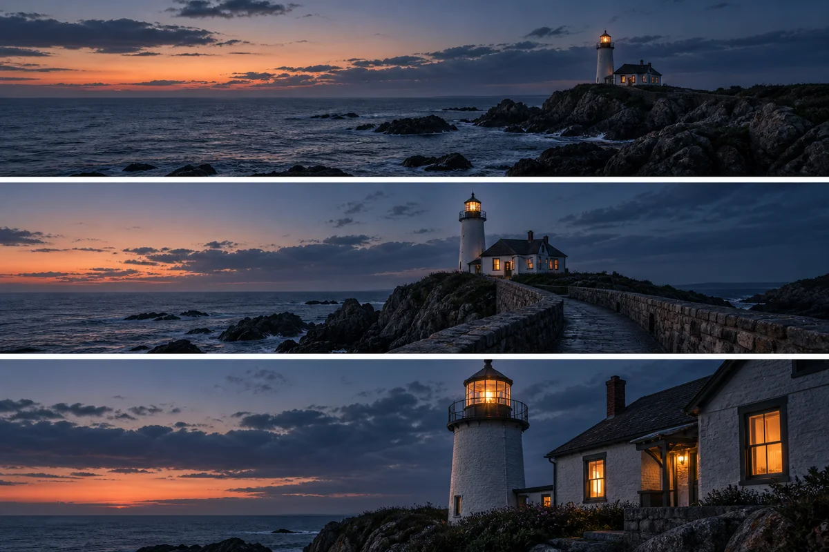 An evocative cinematic photographic triptych: three wide frames of the same empty coastal lighthouse at dusk, consistent architecture and amber window lights, subtle different camera distances.