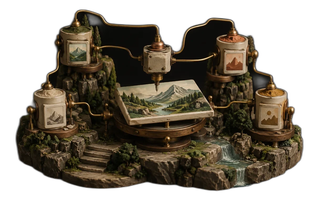 A beautiful physical network of small image-making nodes linked by thin brass wires, producing a miniature painted landscape tile.