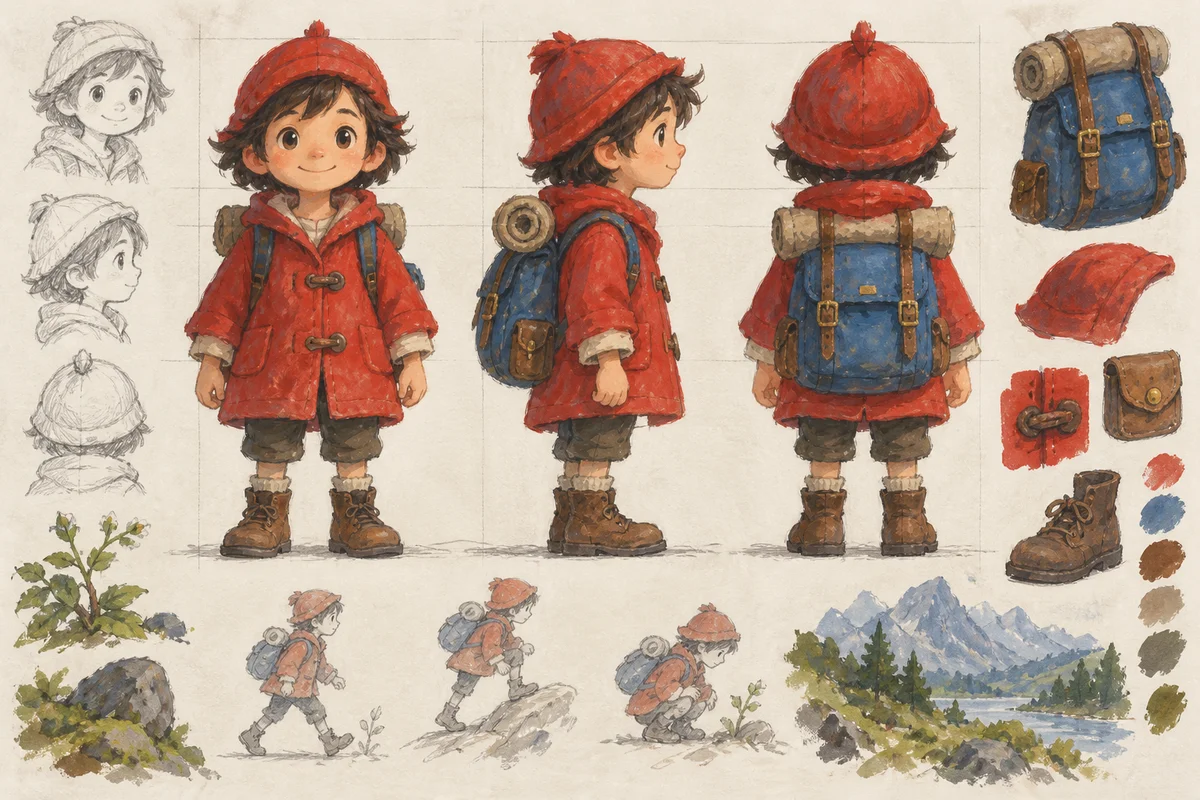 A hand-painted character designer's gouache sheet: the same small red-coated explorer with a blue backpack, clearly repeated in front, side and rear views.