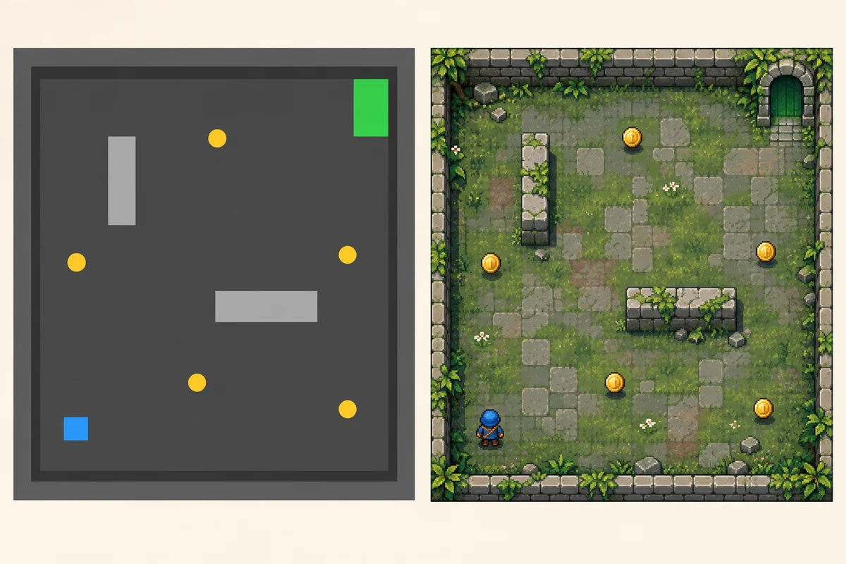 The same one-room layout shown as simple gray blocks and as a mossy pixel-art courtyard, with matching player, five coins, obstacles and exit.
