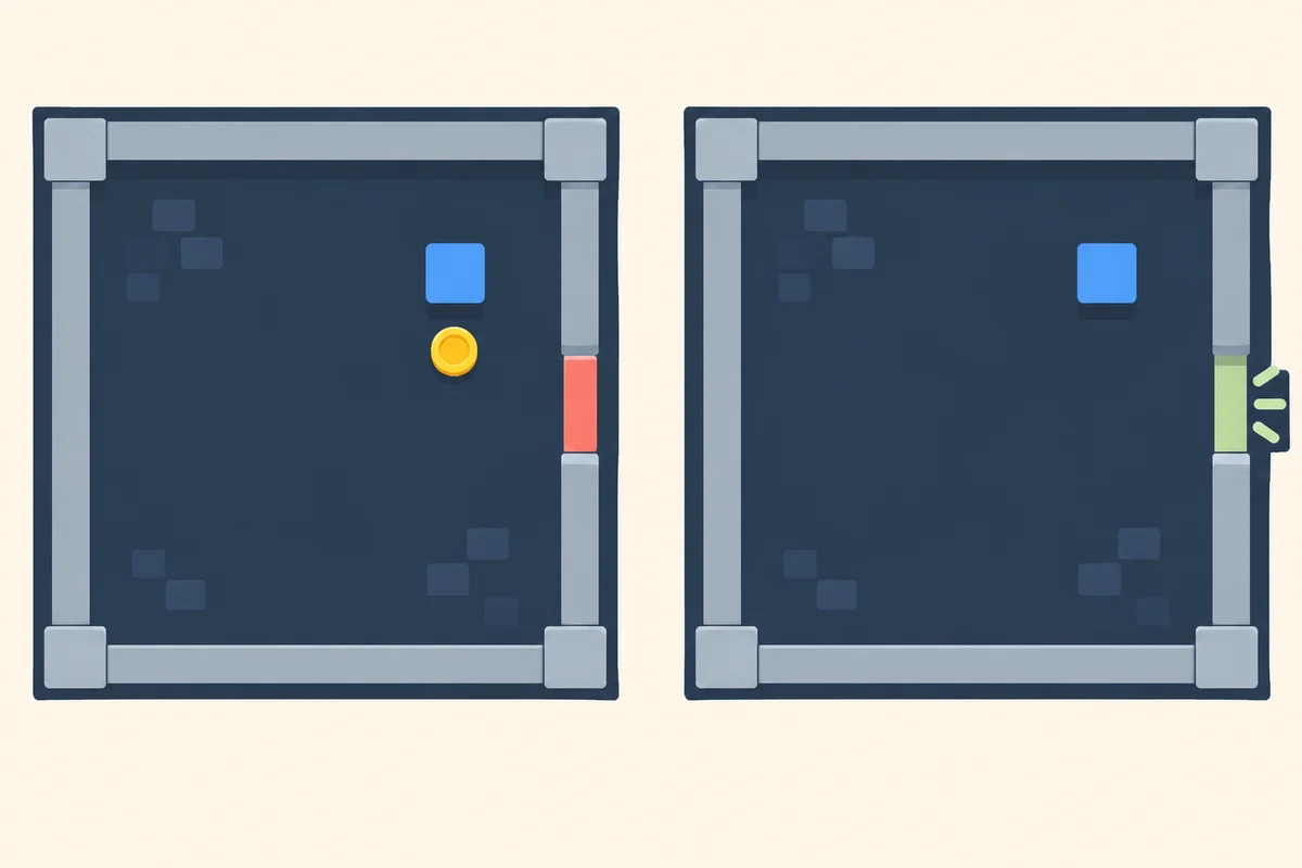 Two illustrated game states: one final coin beside a blue player and a closed red exit, followed by the coin disappearing and the exit turning green.