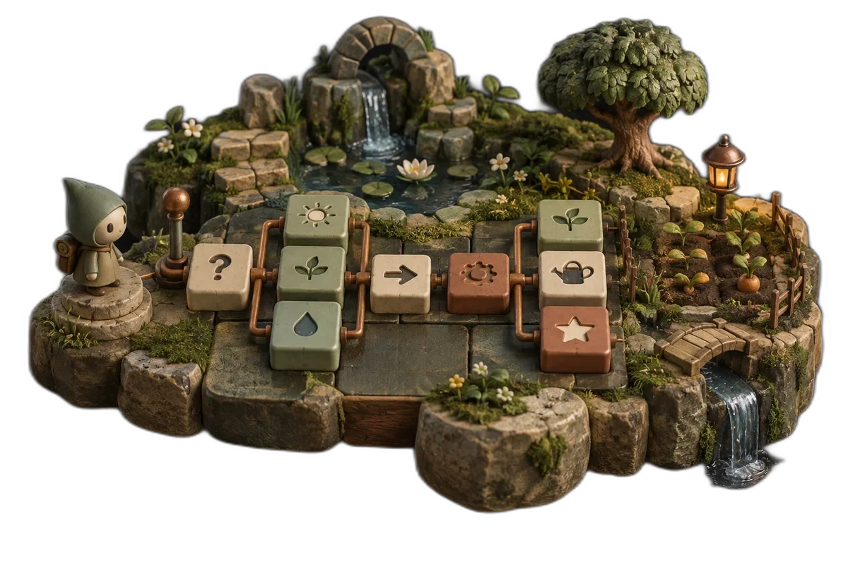 A tactile visual game-building board of interlocking condition and action blocks connected to a tiny playable garden.