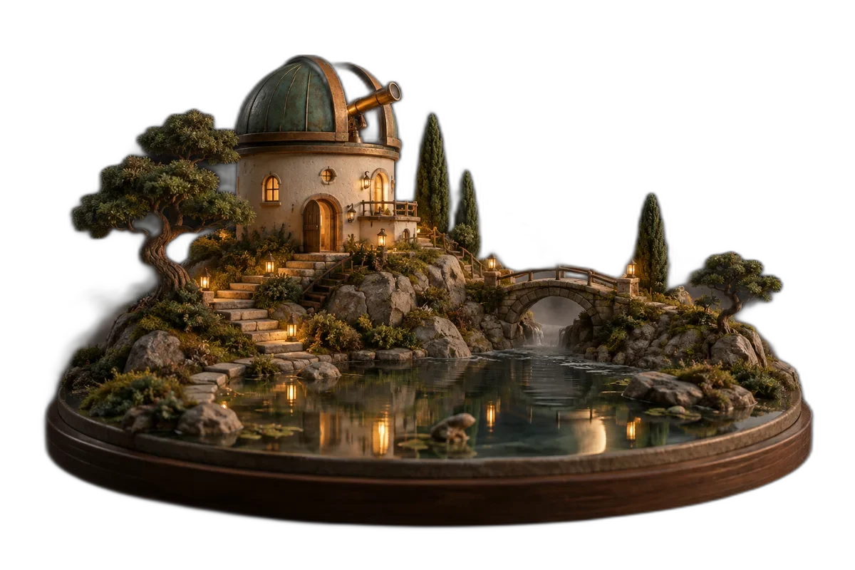 A peaceful miniature nocturnal observatory with soft fog, a gently curved moon and a shallow reflecting pool suggesting a quiet repeating scene.