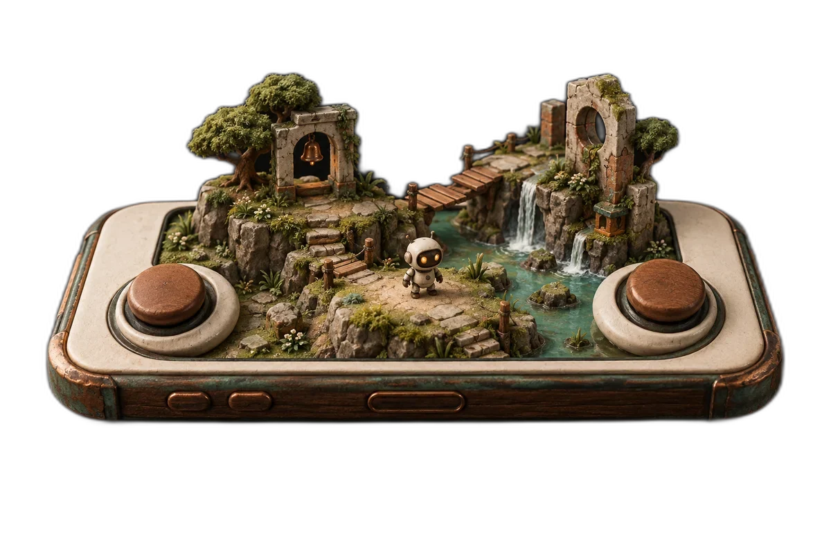A tasteful miniature phone showing a tactile game island with two large round thumb controls, a tiny robot in the center, no text.