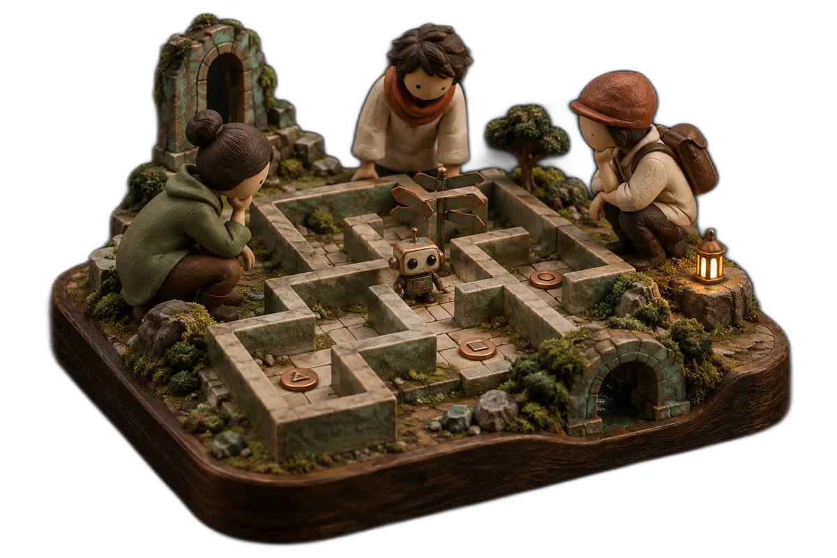 Three tiny abstract human figures observing a small playable tabletop maze with a robot at a confusing junction.