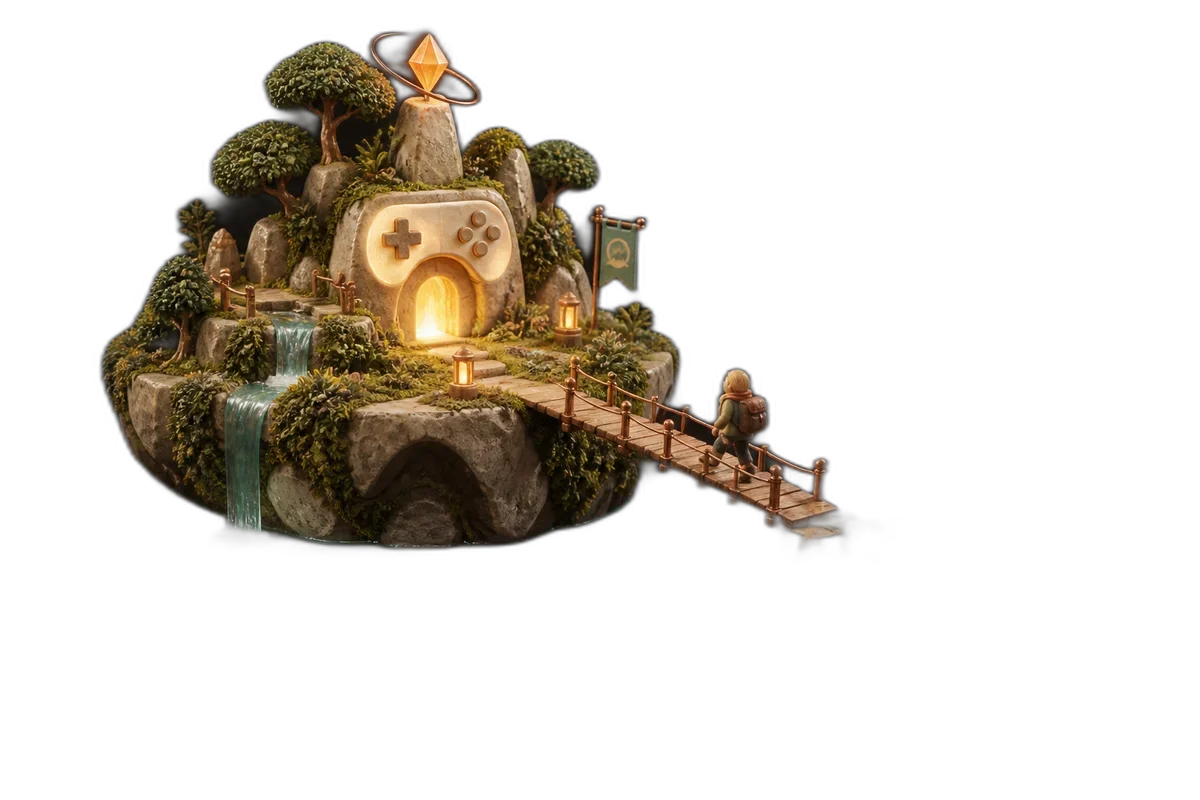 A tiny glowing playable game island with a narrow bridge reaching toward a scattered audience of miniature figures, discovery and connection.