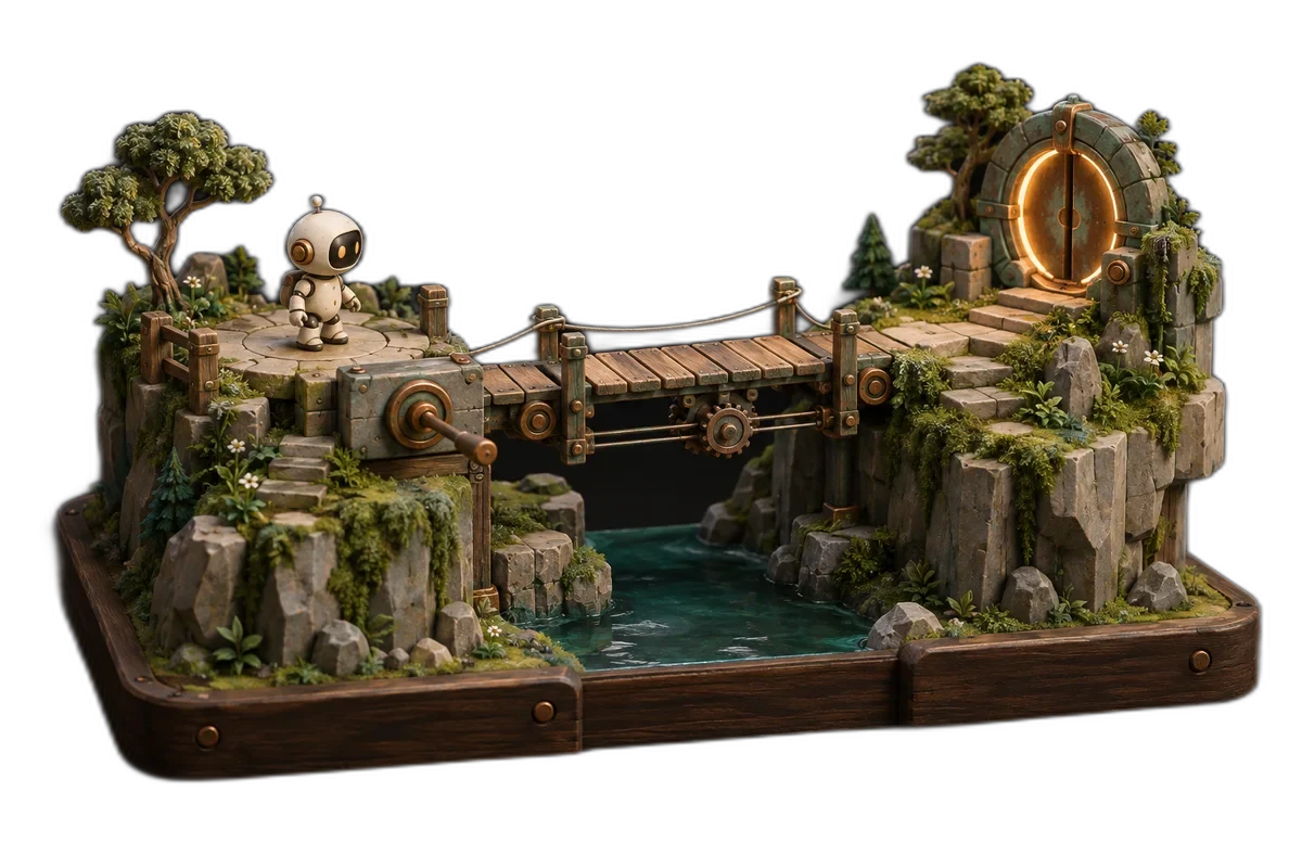A tiny modular game island split into three clearly connected mechanical subsystems on a workshop bench, cream robot, bridge and exit gate.