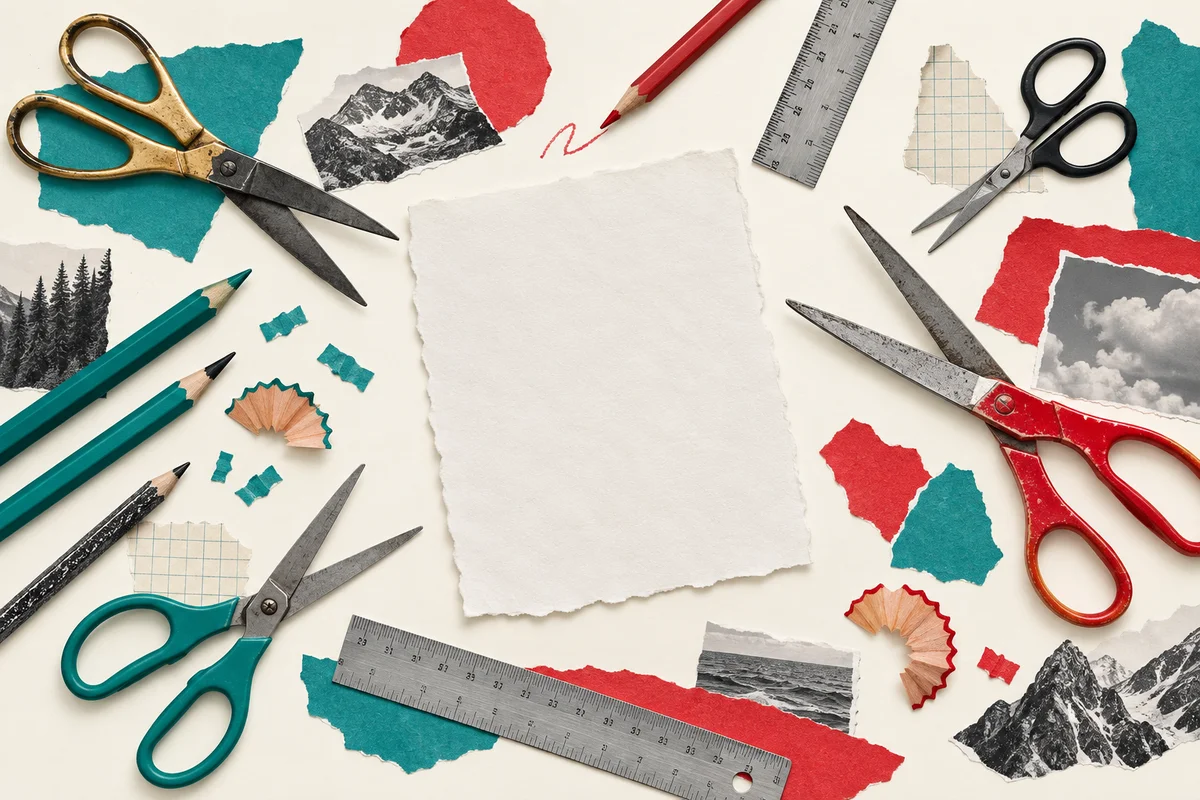 Witty editorial paper collage of many mismatched scissors, pencils and rulers surrounding a single unfinished blank sheet.