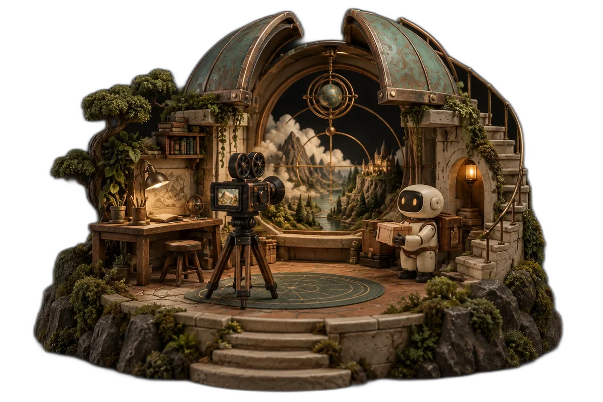 A tiny cinema camera pointing through an elaborate miniature observatory set with atmospheric lighting and one cream courier robot.