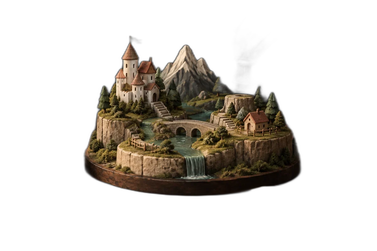A compact game world being assembled on a small desk beside an hourglass, limited pieces deliberately chosen.