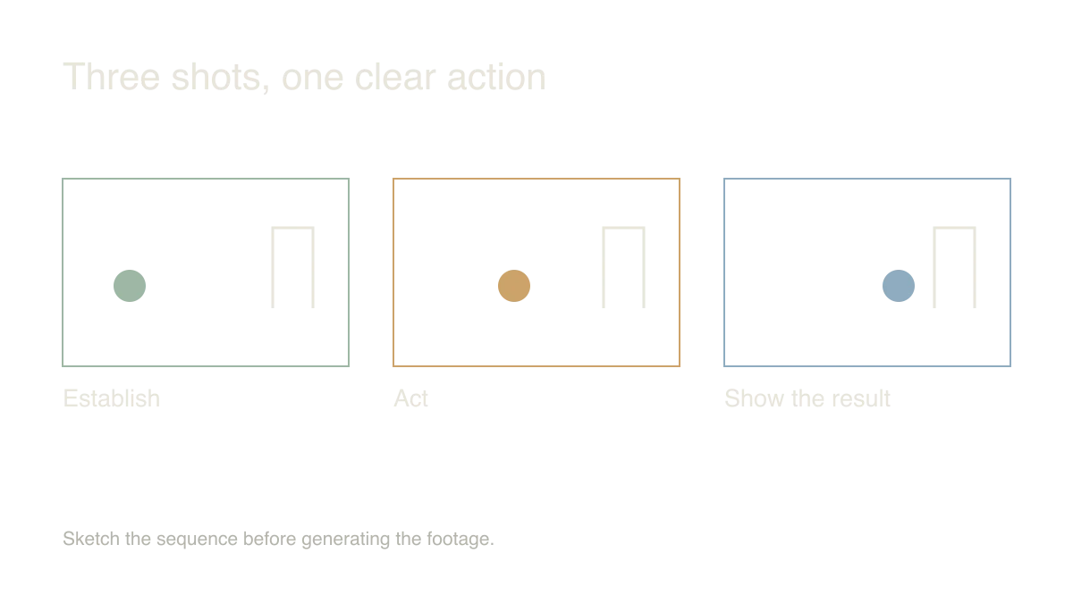 Three shots, one clear action: Establish → Act → Show the result. Sketch the sequence before generating the footage.