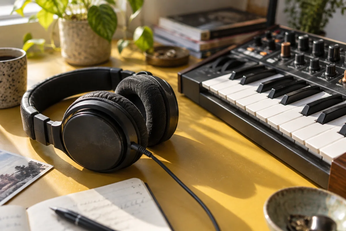 Macro editorial photograph of a pair of dark over-ear headphones beside a small synthesizer keyboard, mustard desk with daylight falling diagonally, tactile dust and keys, shallow depth of field.