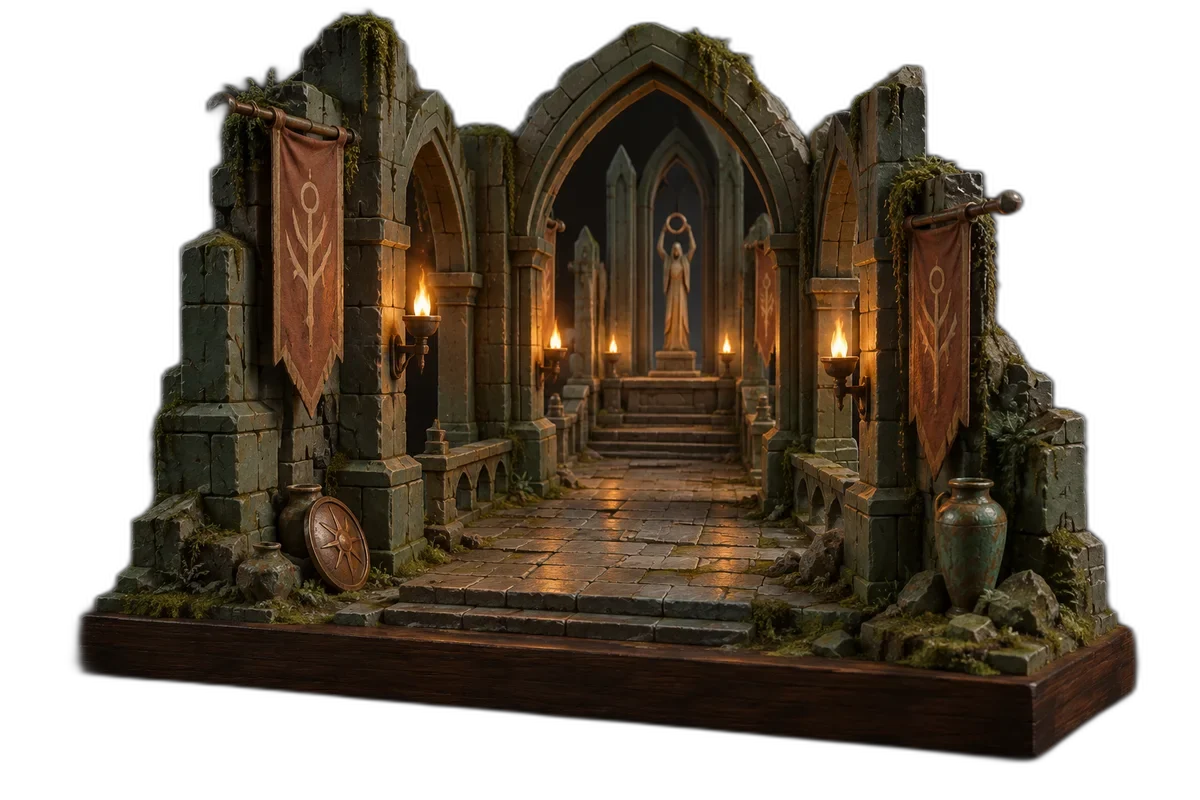 An original low-poly gothic stone corridor rendered as a miniature physical diorama, warm amber torches and mossy dark teal stone, no recognizable game assets.